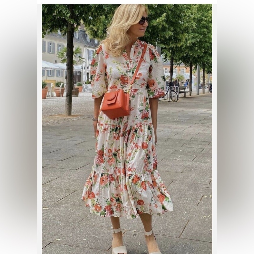 Zara Floral Print midi dress XS cottage core blogger fave 3/4 sleeve button up
